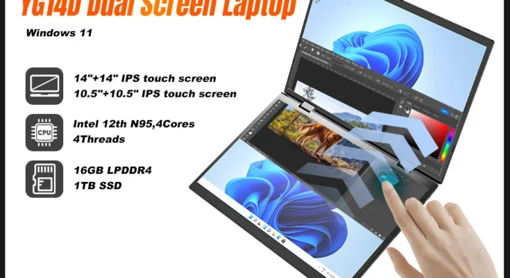 CRELANDER 듀얼 스크린 노트북 14+14형 2K 터치스크린 노트북 Intel N95 CPU 360도 플립 메탈 케이스 2-in-1 노트북