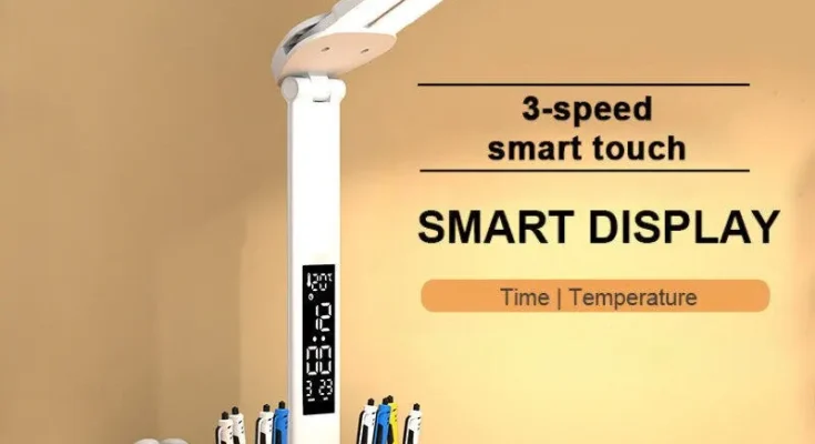 LED 시계 테이블 램프 USB 충전식 Dimmable 데스크 램프 2 헤드 180 접이식 눈 보호 데스크탑 읽기 야간 조명 회전